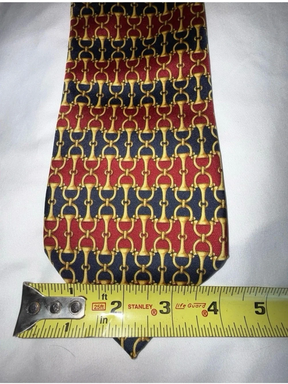 Equestrian Men's Red Navy Gold Horse Bit Patterned Italian 100% Silk Vintage Tie